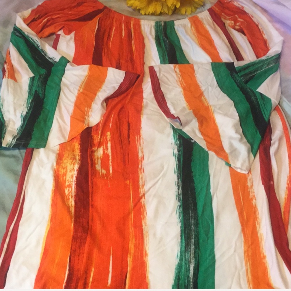❌DONATED❌Orange Multi-Color Stripe Off The Shoulders Bell Sleeve Dress - Picture 5 of 9